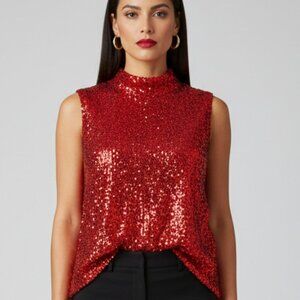 Cable & Gauge Red Sequin Mock Neck Shell Top - Sparkle & Stretch - Size Large